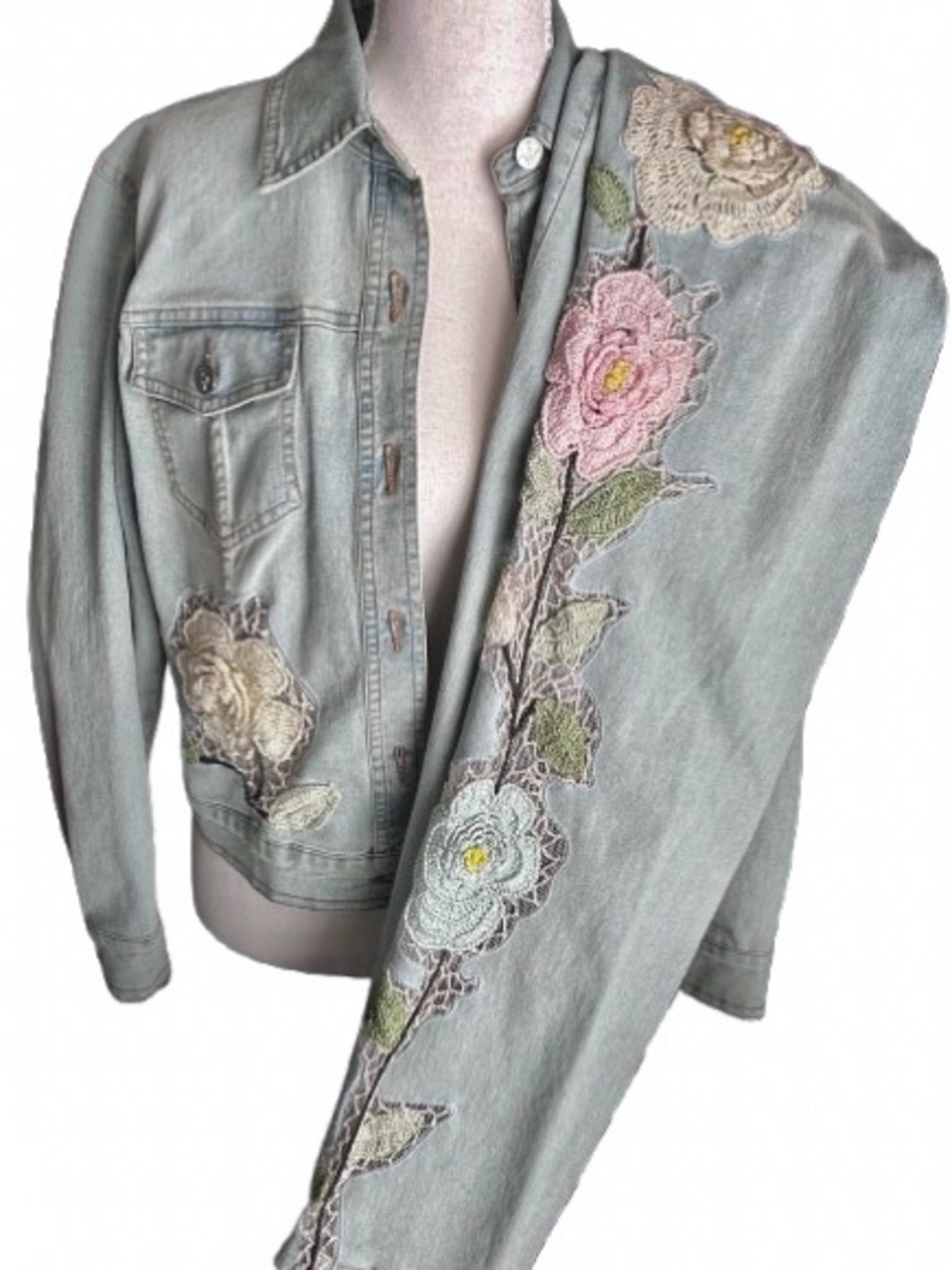 Vintage Crocheted Flowers Denim Lace 2-PC Set Jacket Jeans Y2K Boho Small Floral
